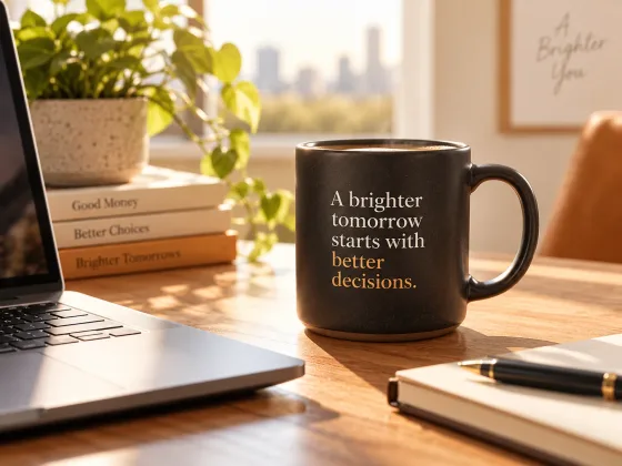 Sunlit desk with black coffee mug, notebook, laptop and plant