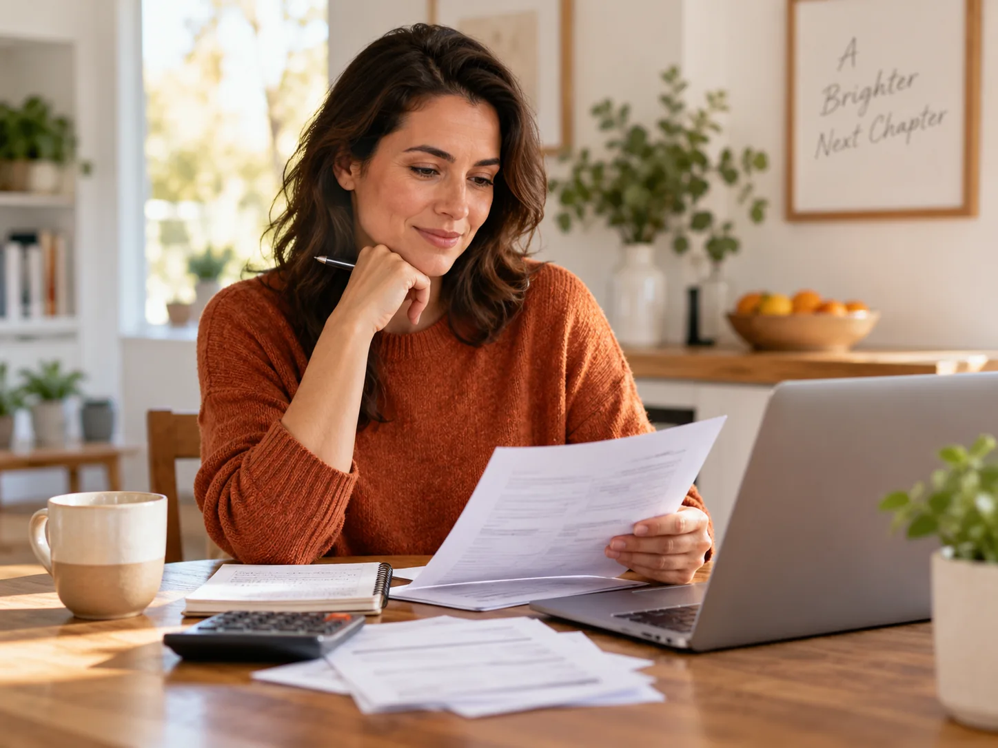 Woman reviewing household documents at a table